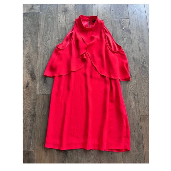 Zara Woman Red Crepe Cold Shoulder Flutter Sleeve Sheath Dress Size S - Picture 2 of 7